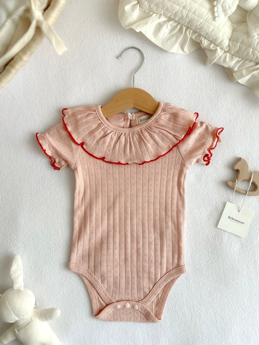〖NEW〗Ruffly cotton rompers -Strawberry latte