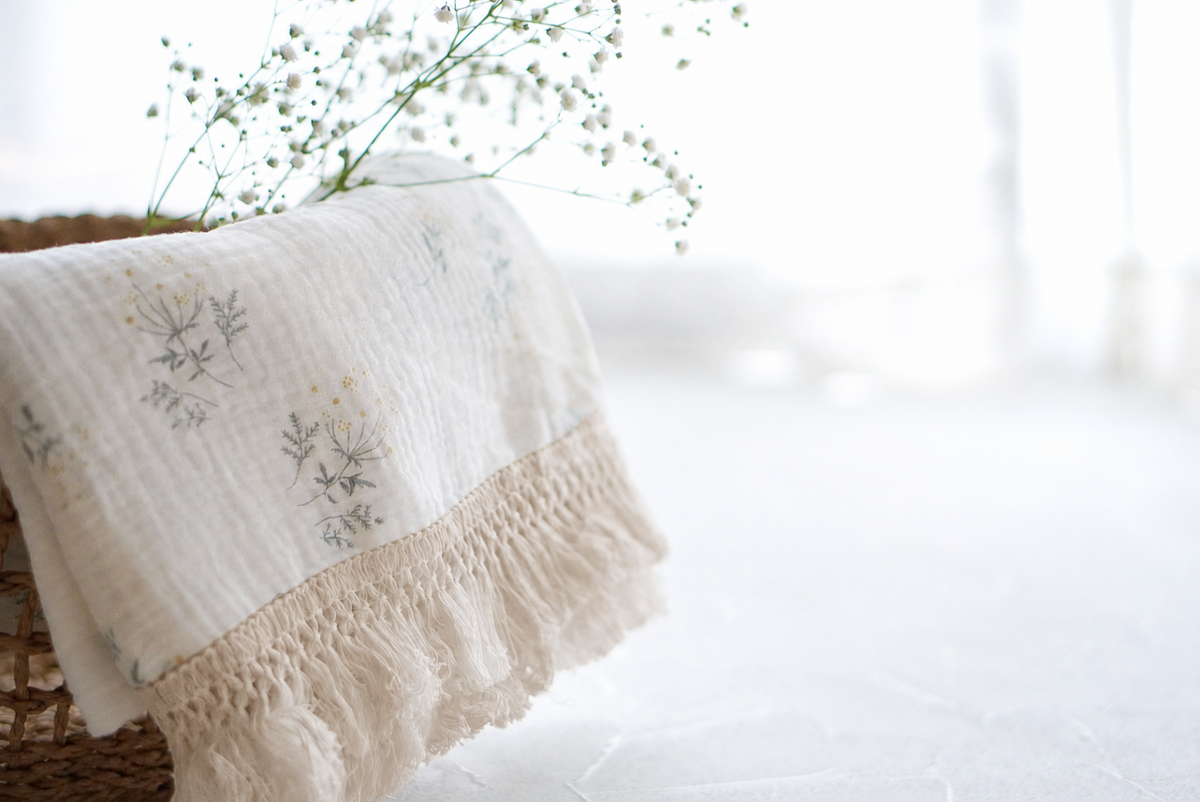 Jasmin Soy Latte -Botanical fringe gauze blanket/2重ガーゼ